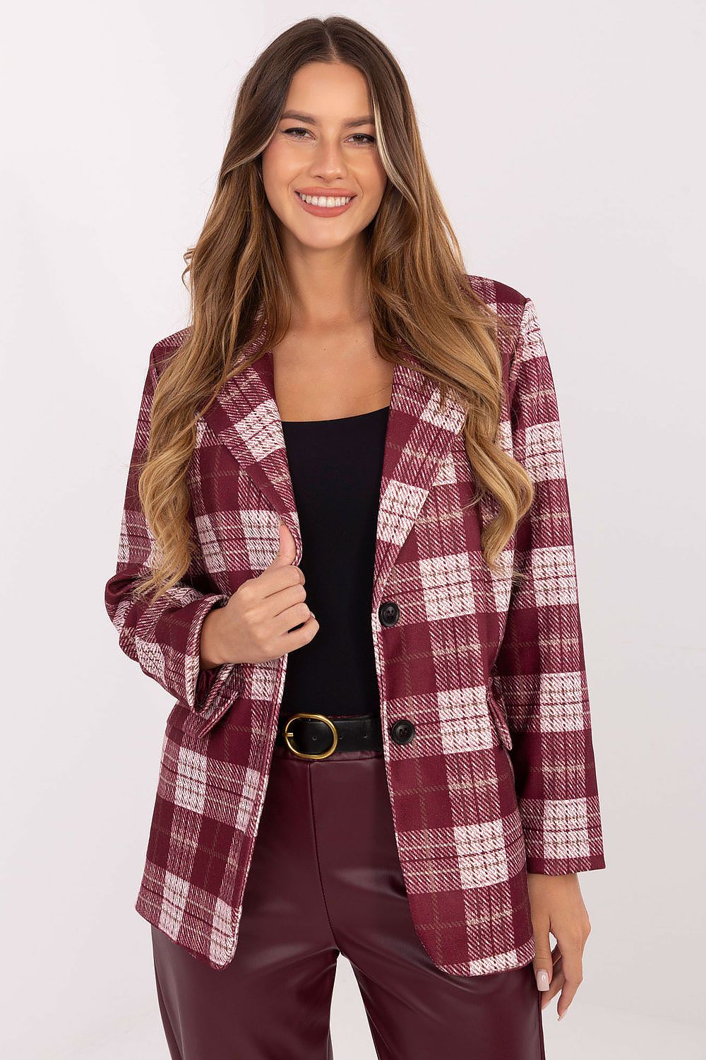 Checkered blazer front view showcasing classic two-button closure and lapel detail in red