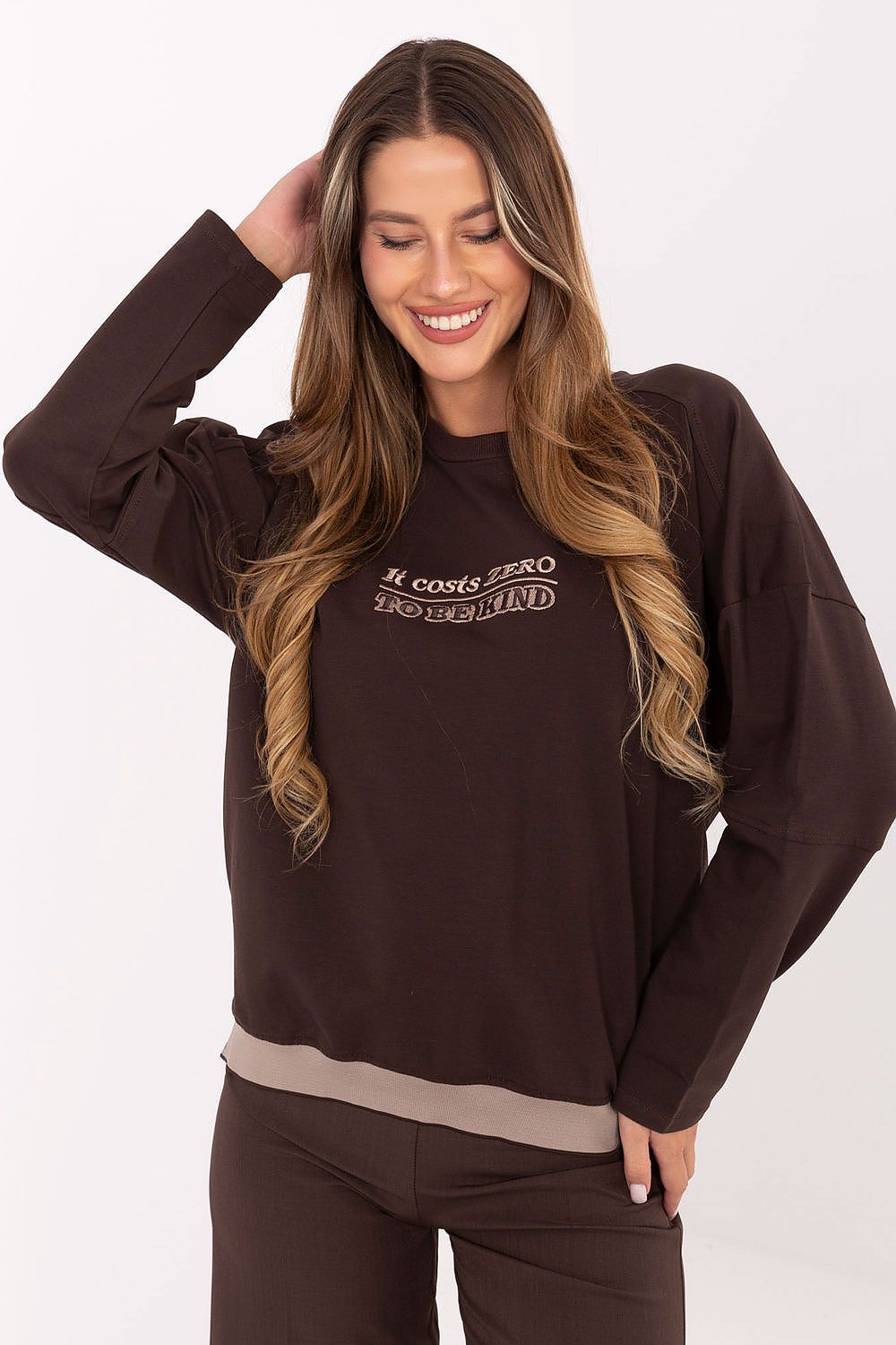  Brown modern women's sweatshirt with embroidered inscriptions and contrasting bottom insert, front view