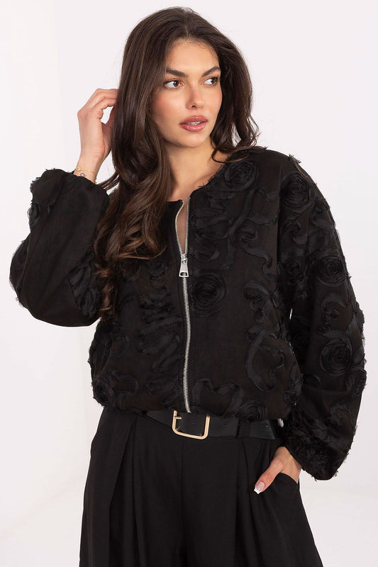 Elegant women’s bomber jacket with floral appliqué – front view.