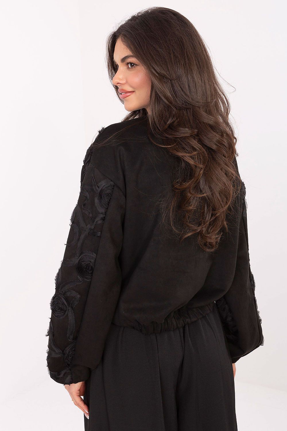 Lightweight floral applique jacket with smooth back – back view.