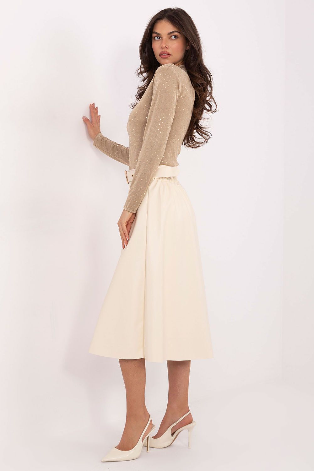 Elegant vegan leather skirt – side view in beige