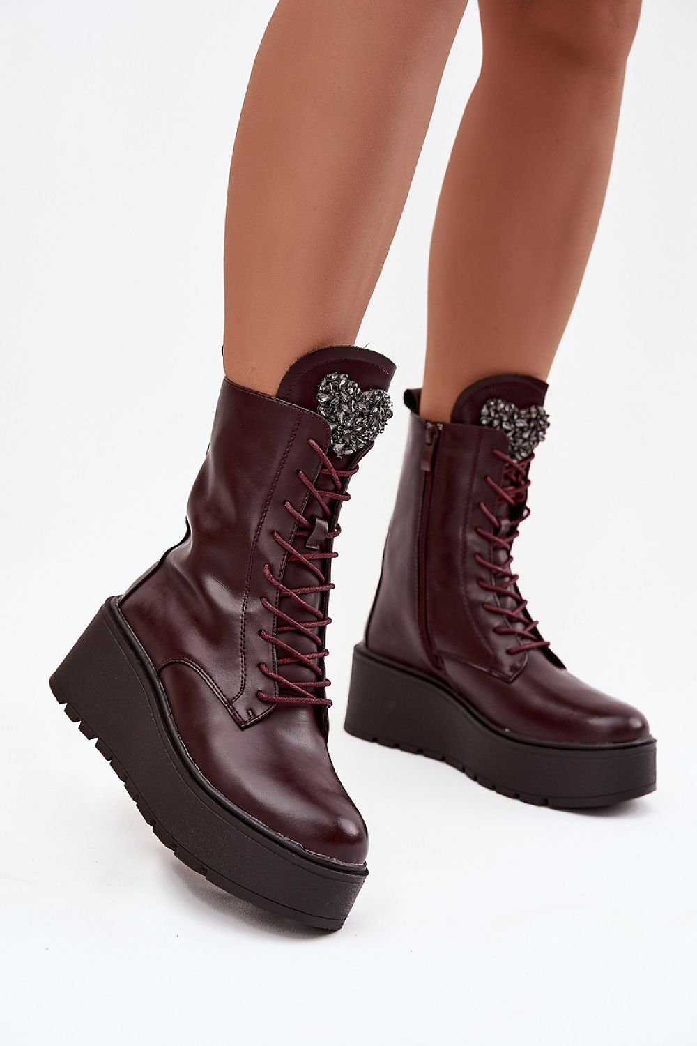 Red natural leather wedge boots with crystal heart detail on tongue