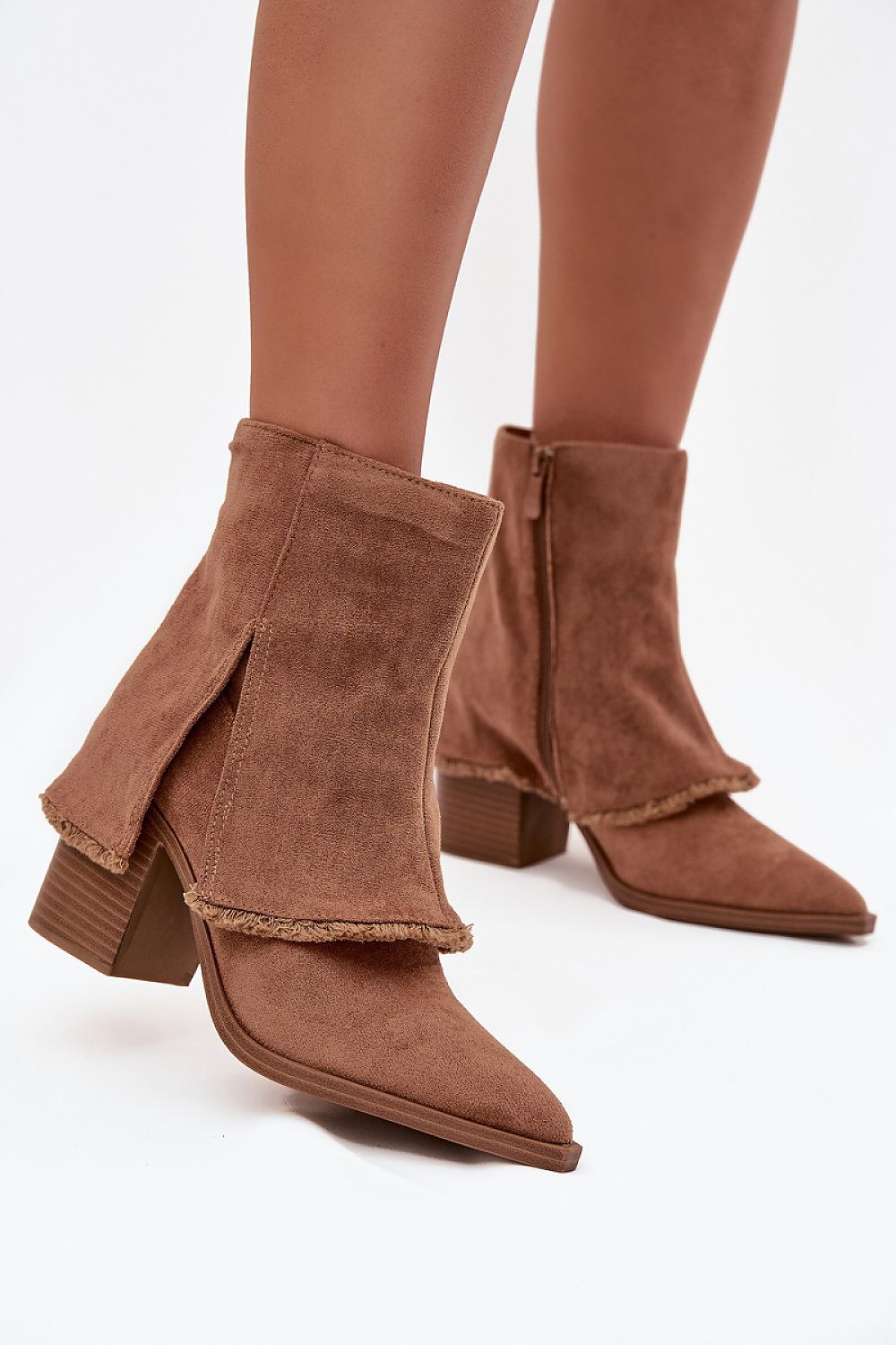 Light brown eco-suede ankle boots with rolled shaft and pillar heel