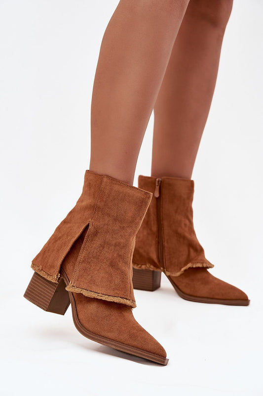 Dark brown eco-suede ankle boots with rolled shaft and pillar heel