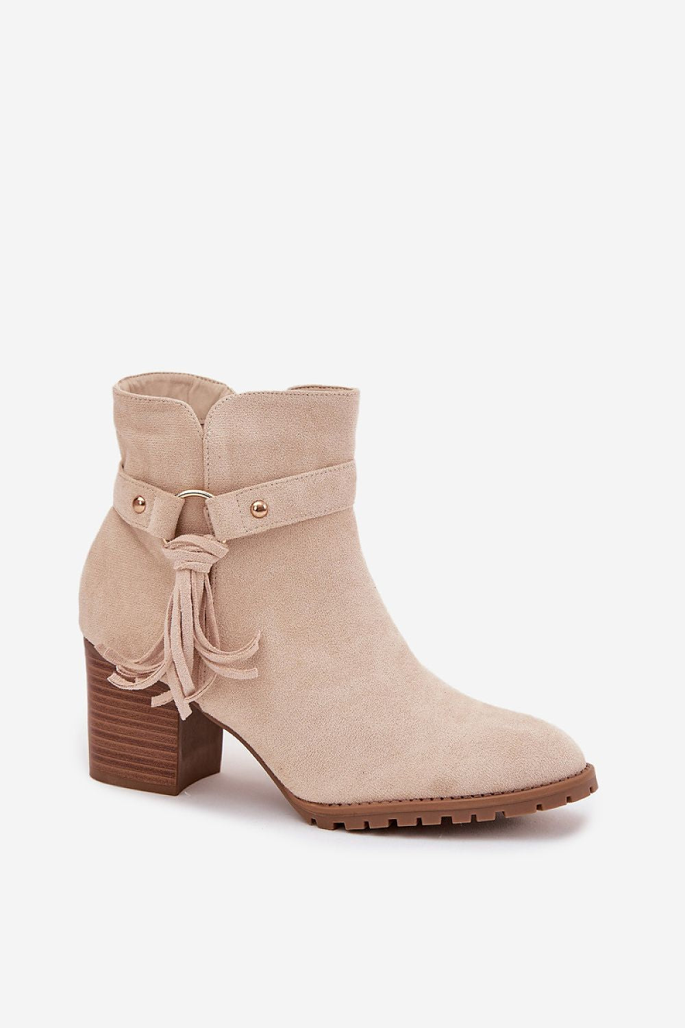 Side view of beige eco-suede ankle boots with zipper closure