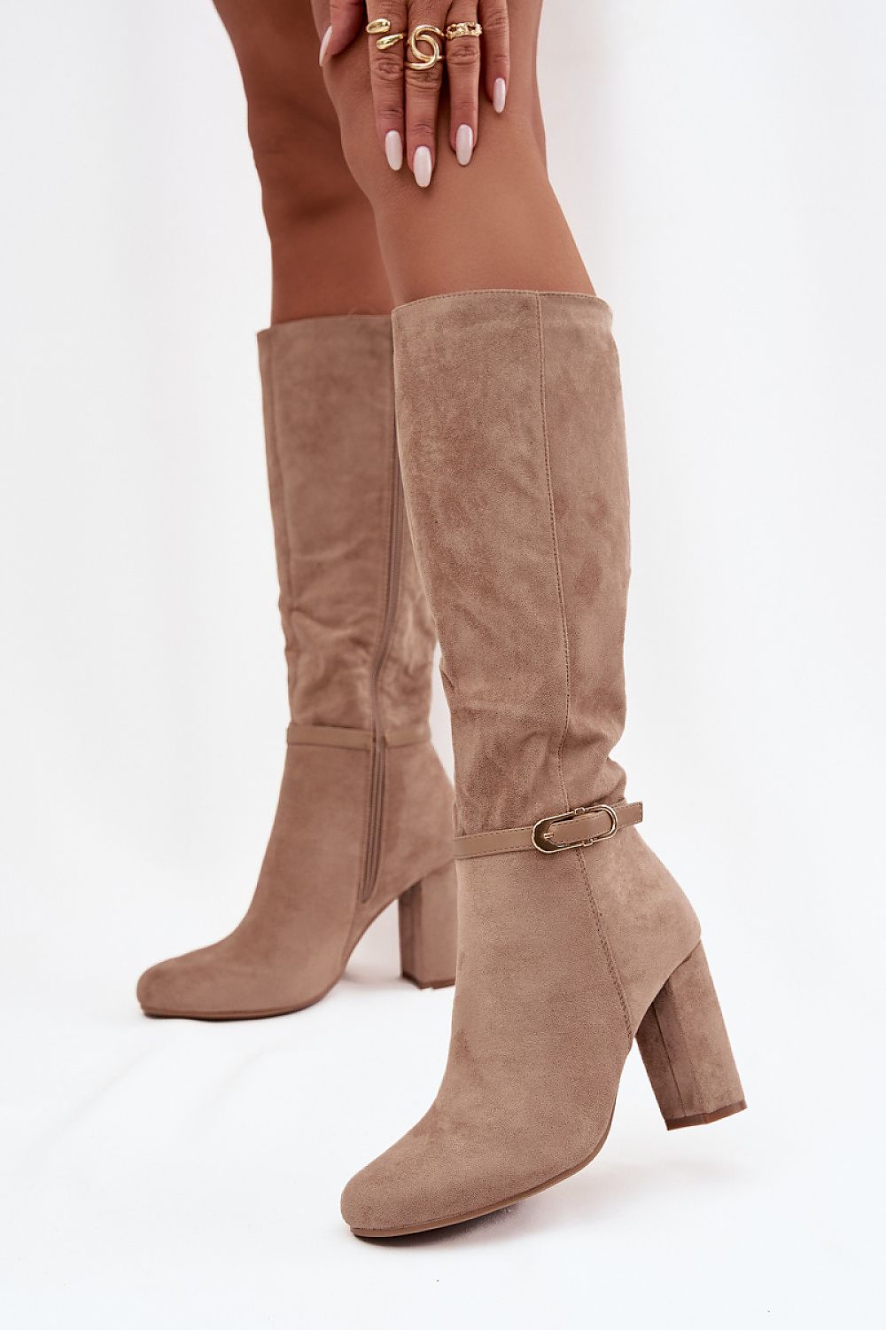 Women's eco-suede boots with gold buckle detail on the shaft