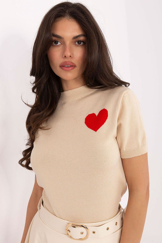 Beige short-sleeve sweater with heart print at chest, front view.
