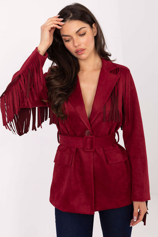  Front view of suede fringed blazer with belt and lapels in red