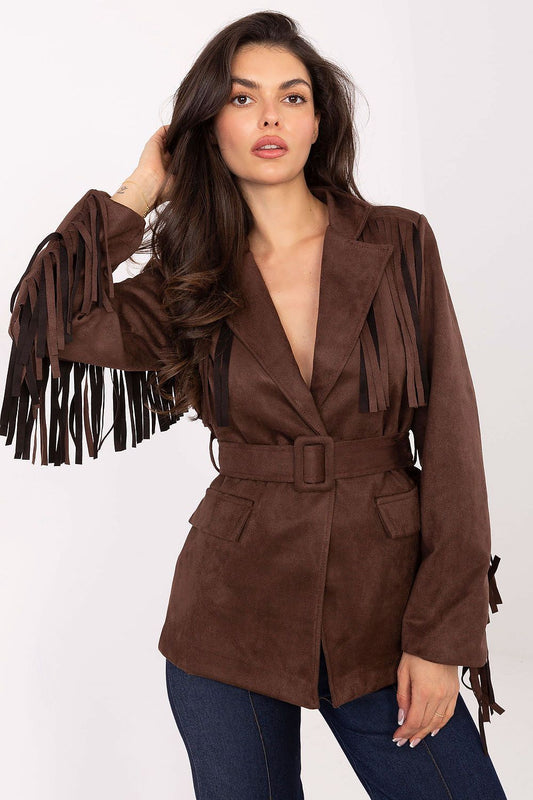Front view of suede fringed blazer with belt and lapels