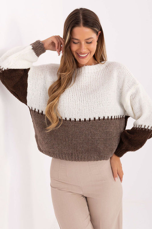 Front view of striped casual knit sweater with round neckline