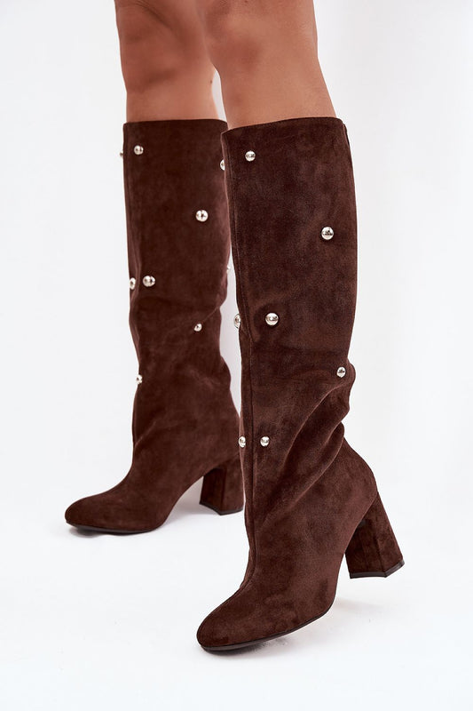  Elegant faux suede heeled boots — close-up of soft texture and classic rounded toe.