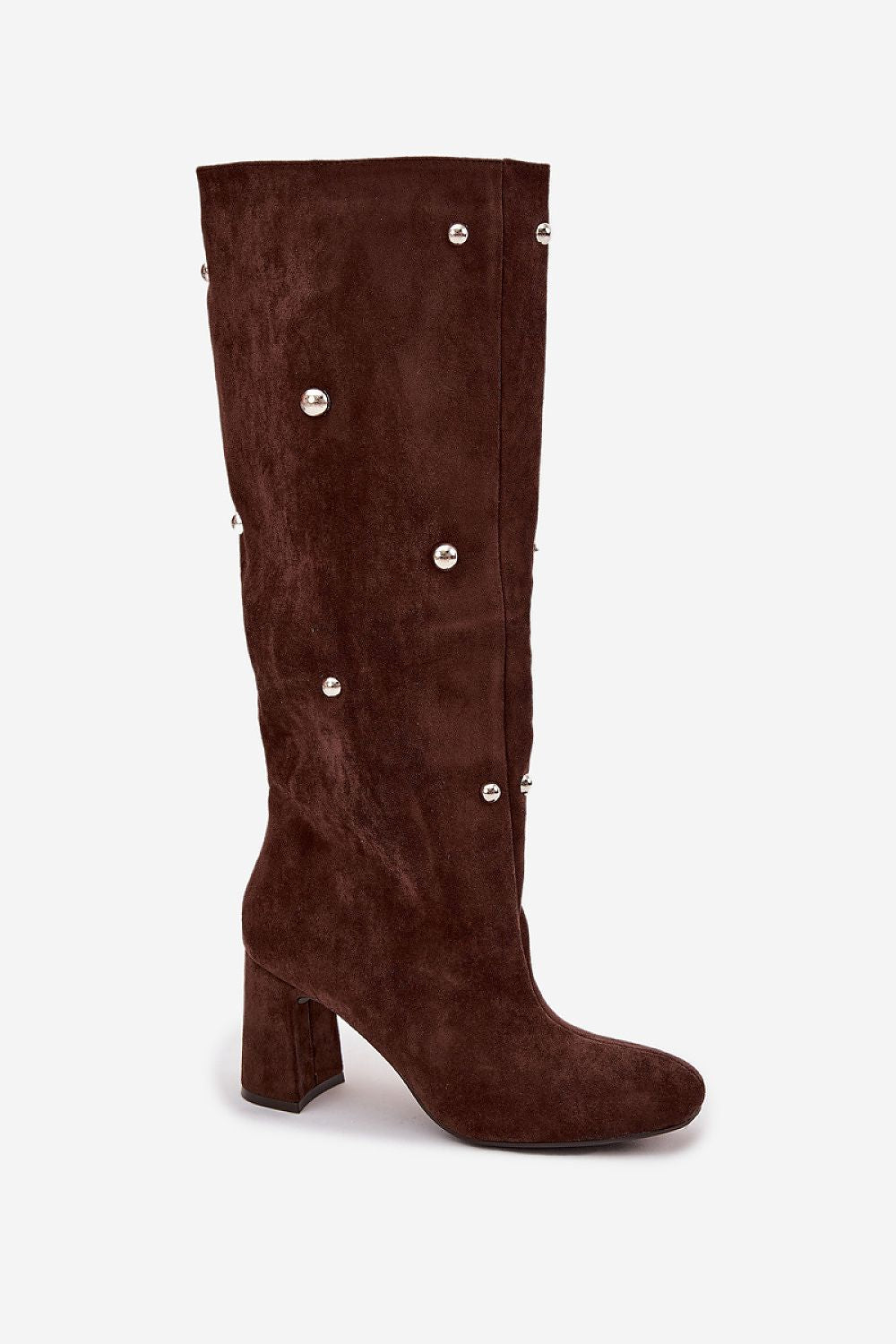 Women's autumn-winter faux suede boots — full view highlighting heel and lining.