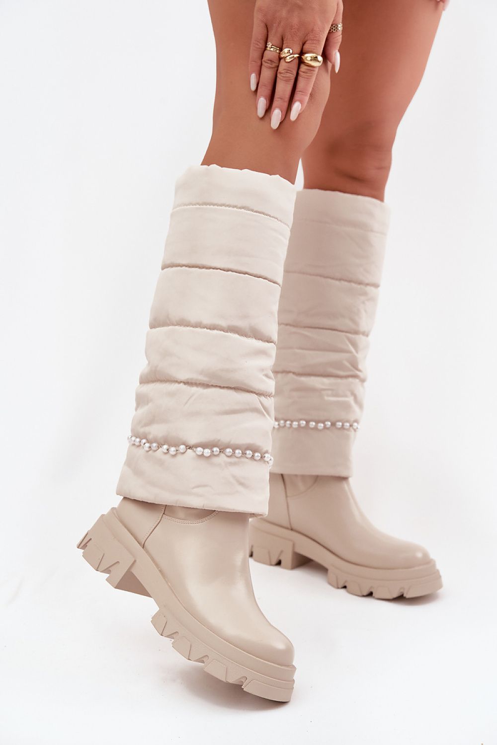 Front and back angles of stylish eco leather beaded boots showing rounded toes and cozy lining.