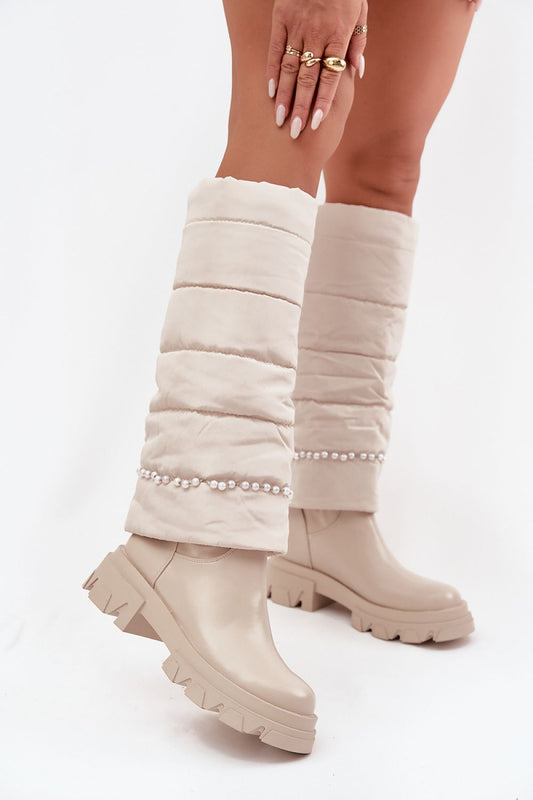 Front and back angles of stylish eco leather beaded boots showing rounded toes and cozy lining.
