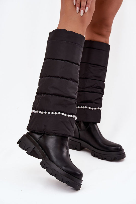  Side view of eco leather and textile beaded women’s boots on neutral background in black