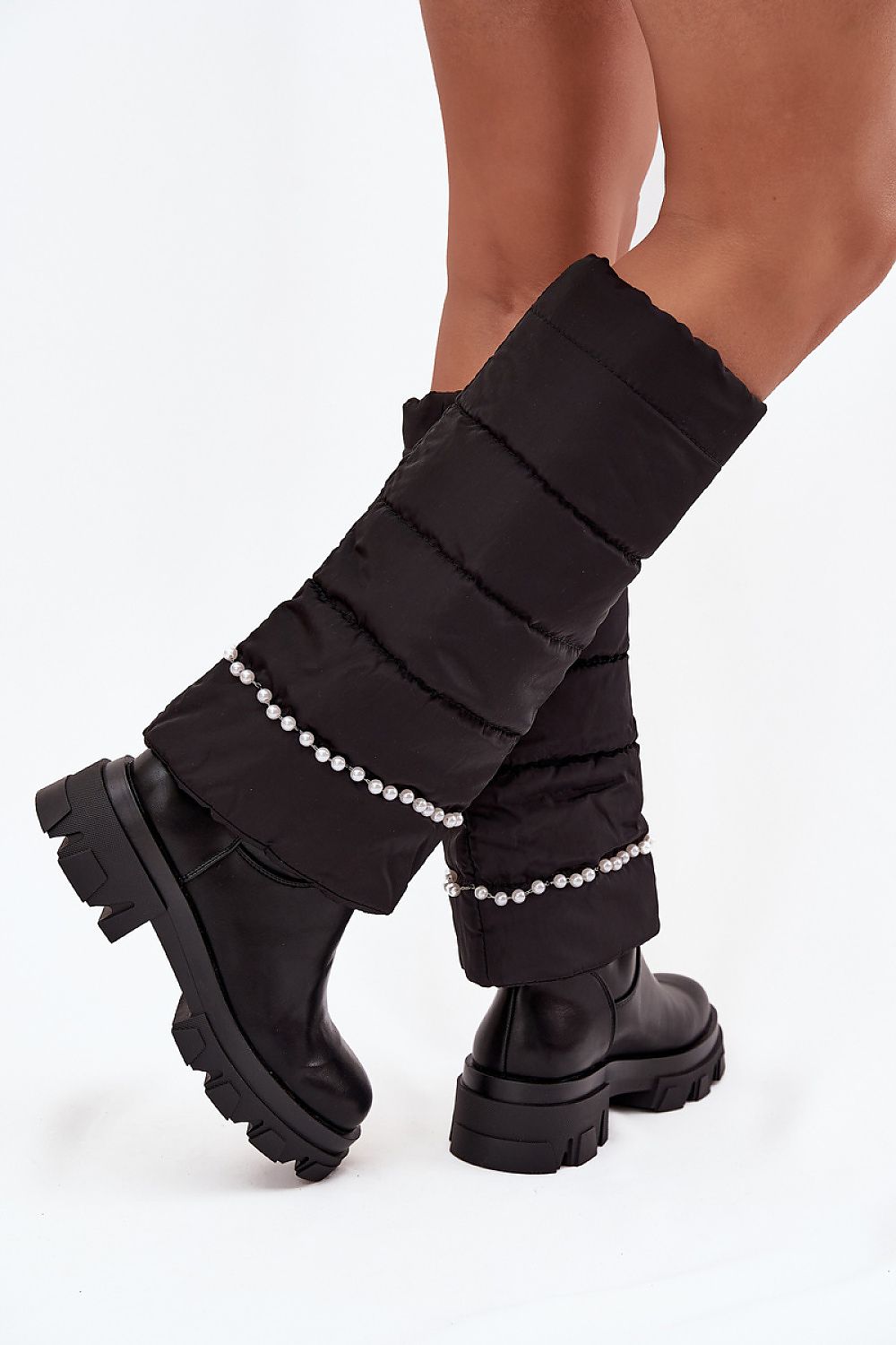 Front and back angles of stylish eco leather beaded boots showing rounded toes and cozy lining in black