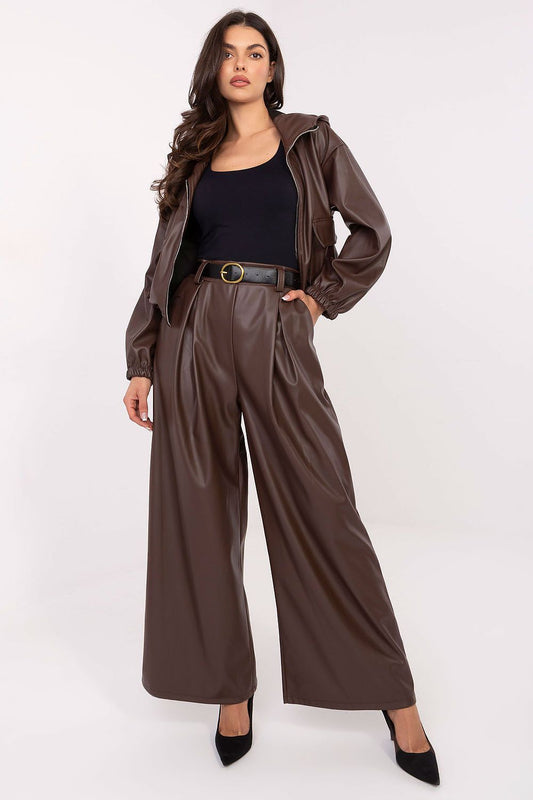 Women’s high-waisted eco-leather palazzo pants with belt in brown