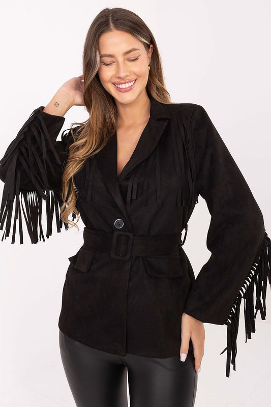 Front view of suede fringed blazer with belt and lapels in black