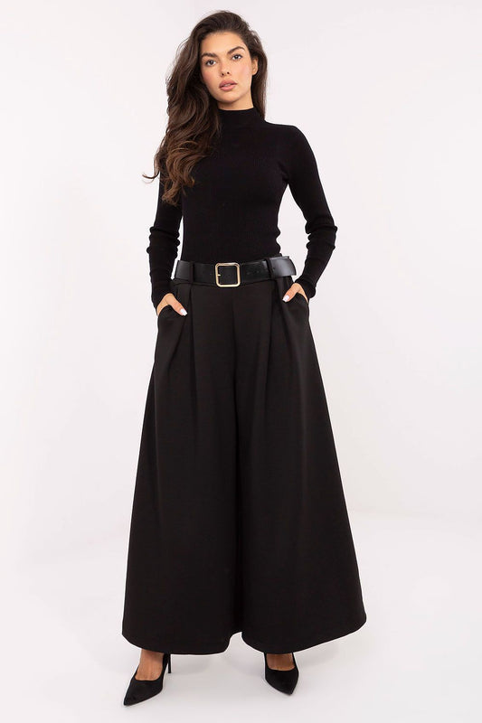 Front view of elegant palazzo pants with high waist and wide legs in black