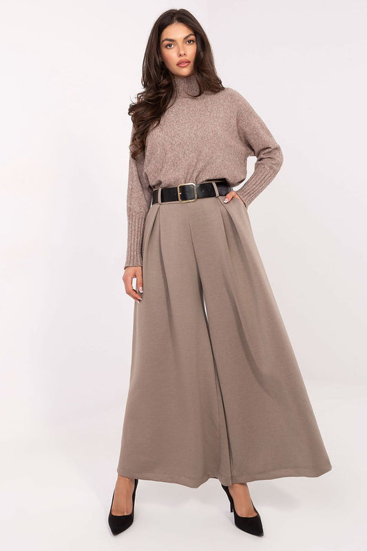 Front view of elegant palazzo pants with high waist and wide legs.