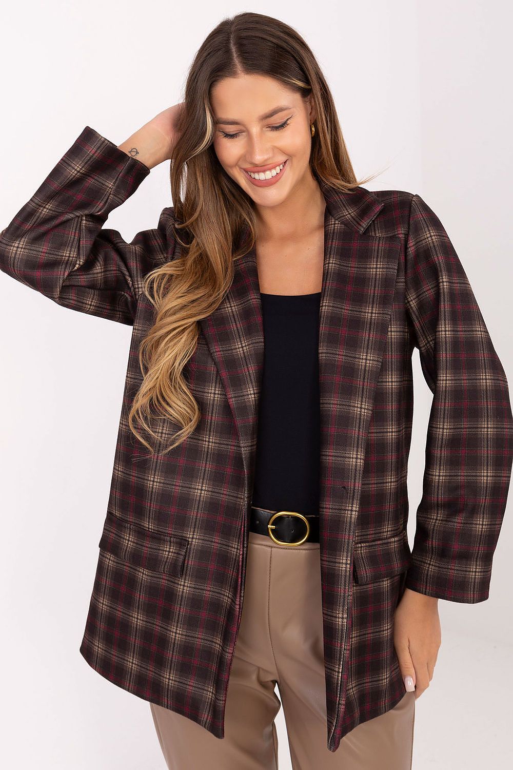  Front view of women’s checkered blazer with button closure and long sleeves.