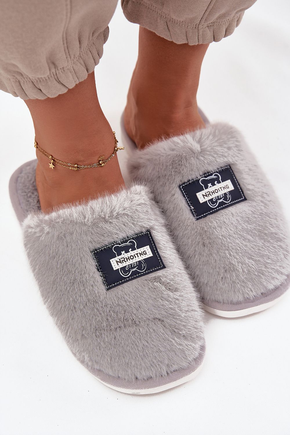  Grey fur women’s slippers with teddy bear patch