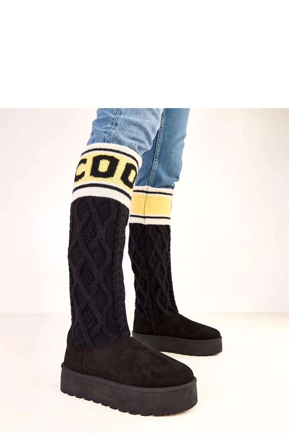  Black faux suede snow boots with knit sweater upper