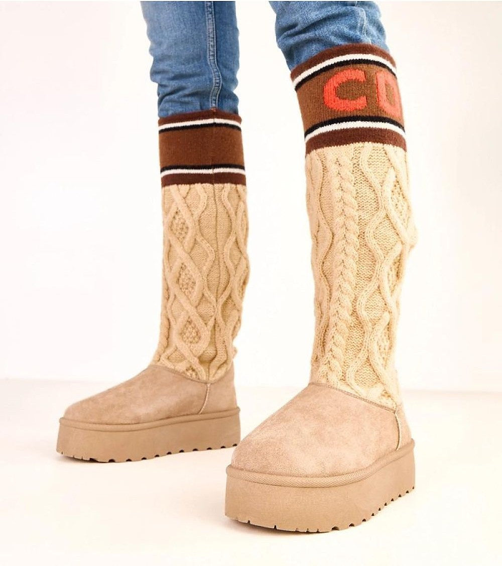 High Upper Faux Suede Snow Boots with Knit Detail