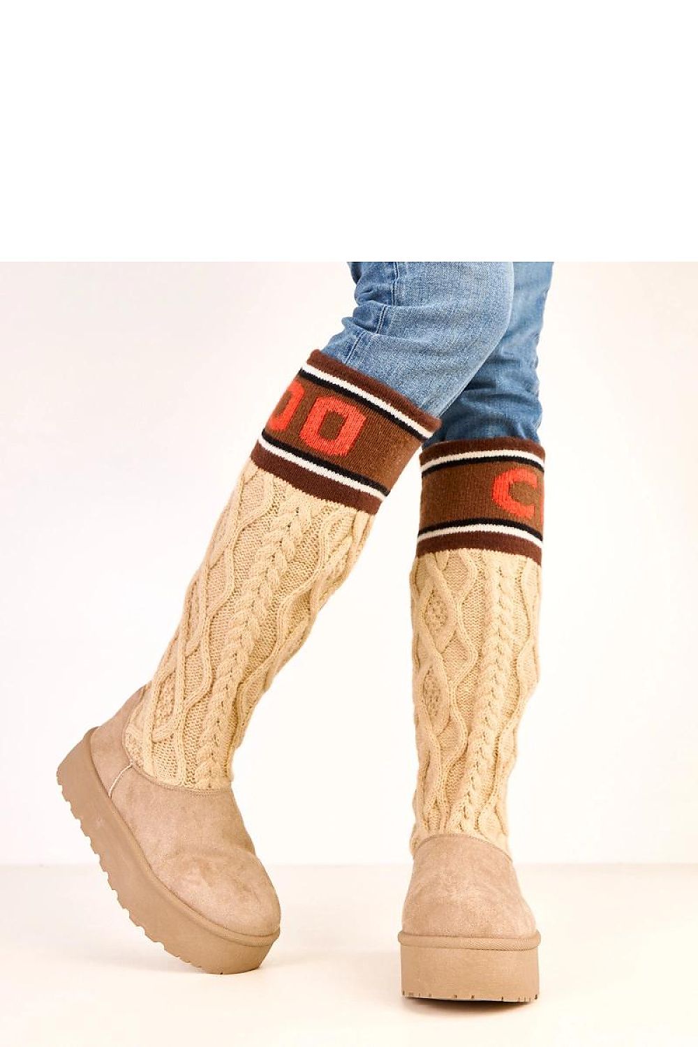  Beige high-upper snow boots with faux suede and knit detail