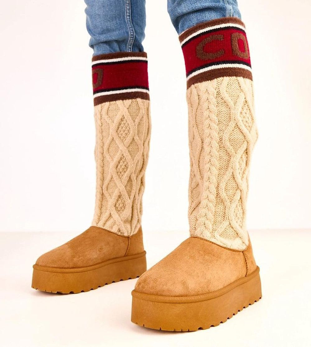 High Upper Faux Suede Snow Boots with Knit Detail