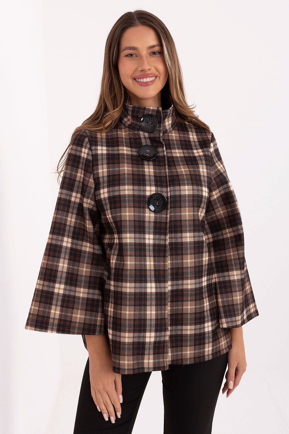 Full view of classic checkered women’s coat with button closure and stand-up collar.