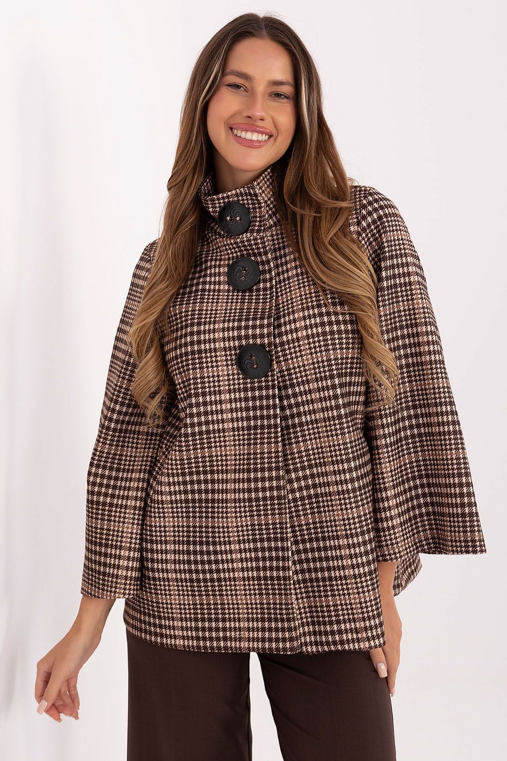 Full view of classic checkered women’s coat with button closure and stand-up collar.