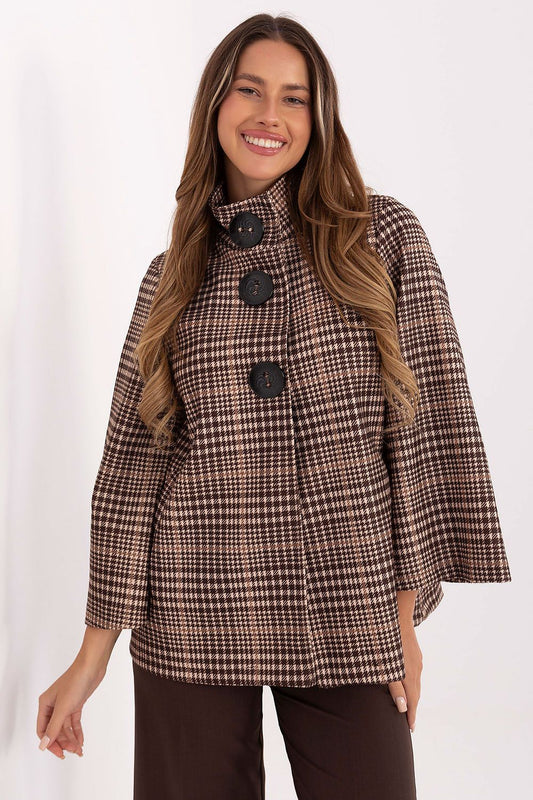Full view of classic checkered women’s coat with button closure and stand-up collar.