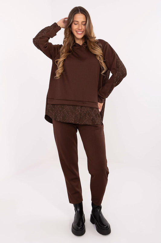  Front view of lace detail casual set with hoodie and tapered pants.
