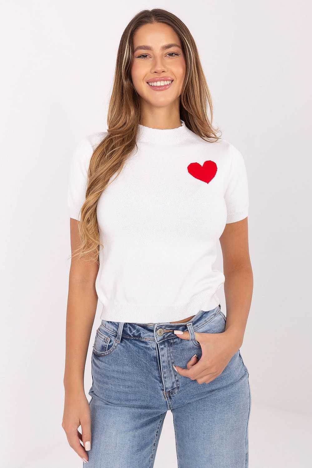 Beige-white women’s sweater with heart detail on chest, front view.