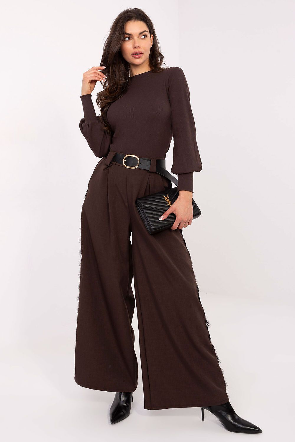 Ribbed turtleneck blouse front view showing fitted silhouette and wide cuff sleeves-2