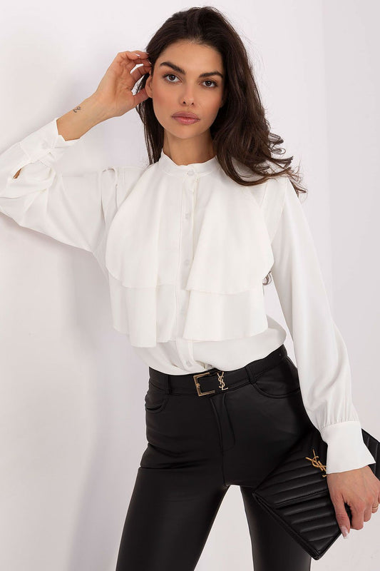 Collarless white shirt with jabot detail, front view