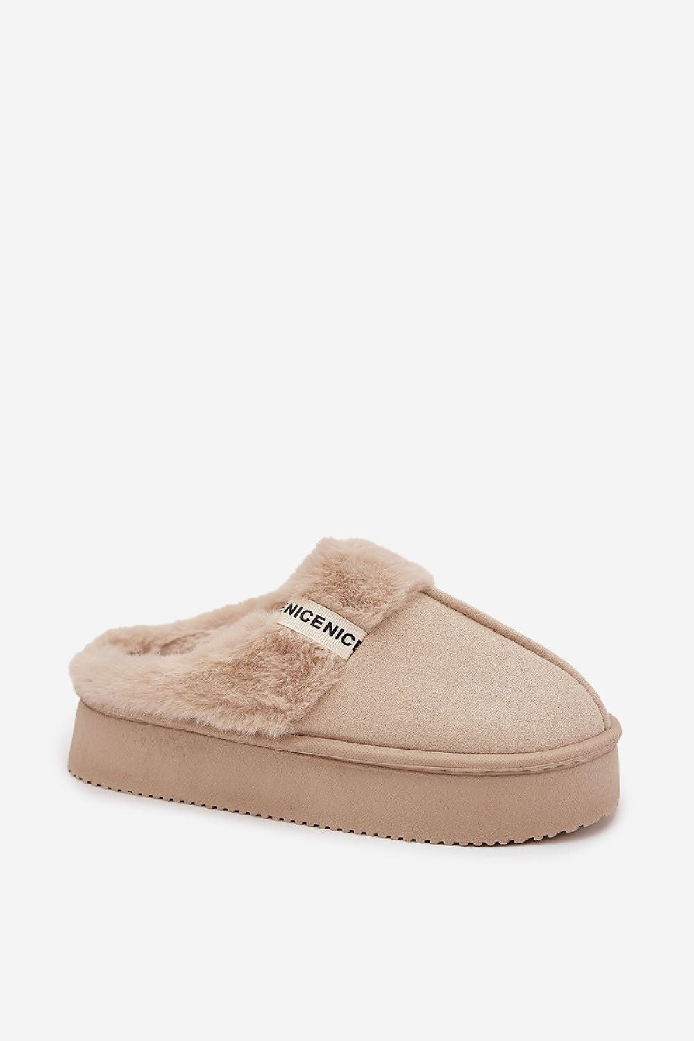 Beige slipper with fuzzy trim on a white background