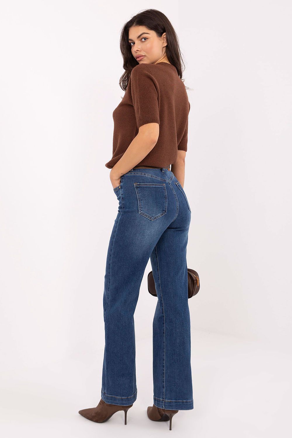 Model wearing straight leg jeans