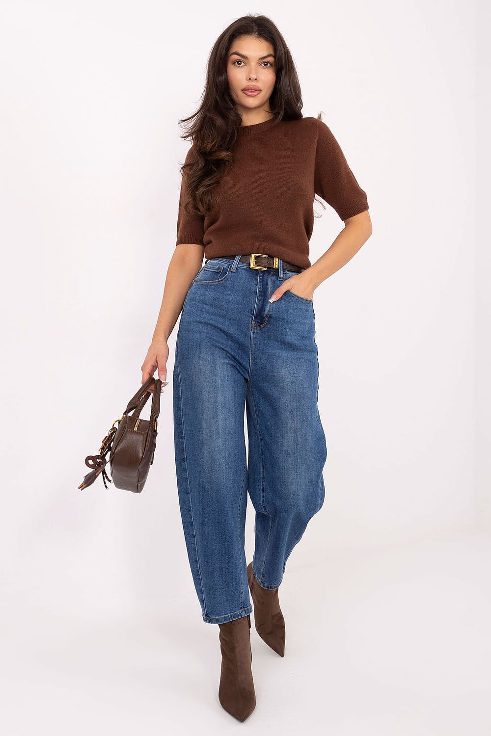  Women’s blue balloon fit jeans with decorative ribbon belt, front view.