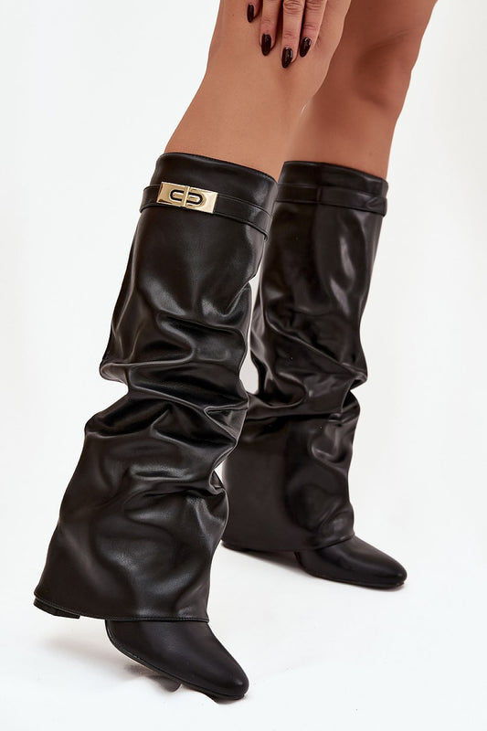 Black leather gaiters with a brand logo on a white background