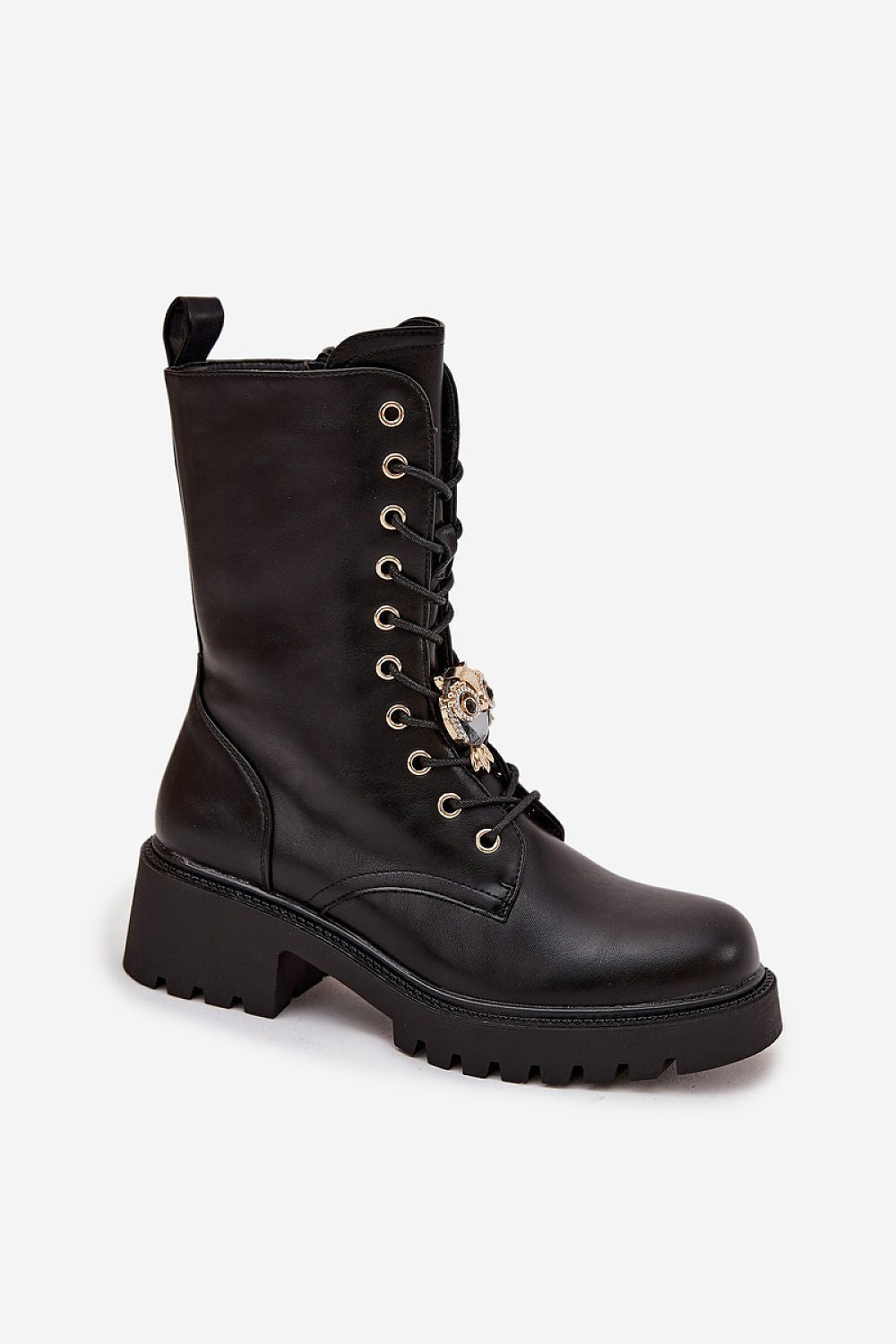 Black leather boot with lace-up design on a white background