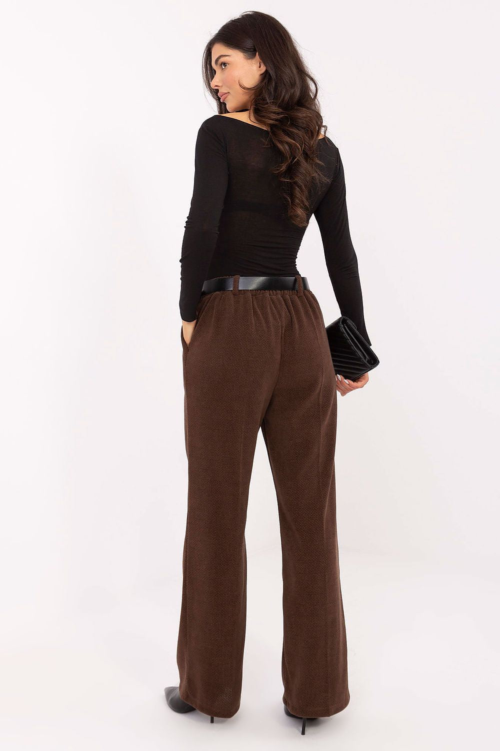  wide leg corduroy trousers featuring elastic back and side pockets-brown back view
