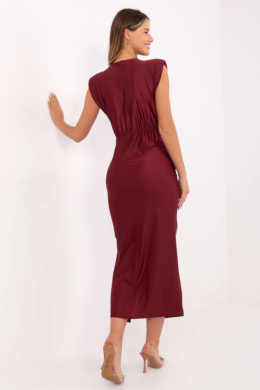 midi pencil dress with shoulder pads and wrap neckline 