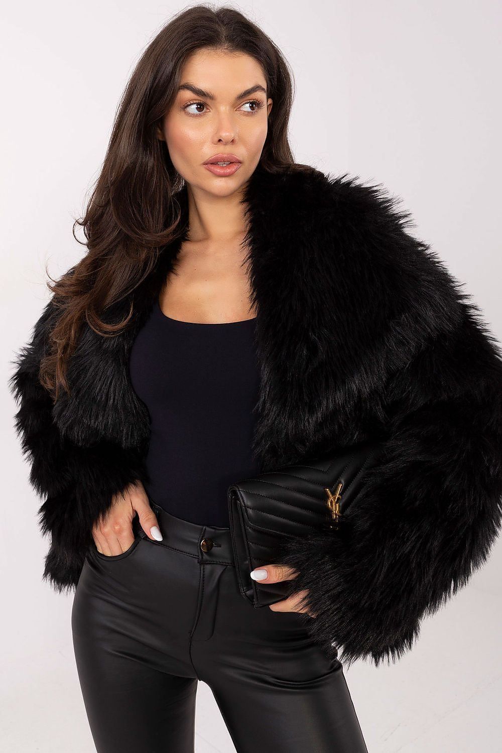 Black faux fur women’s jacket front view – elegant and soft design.