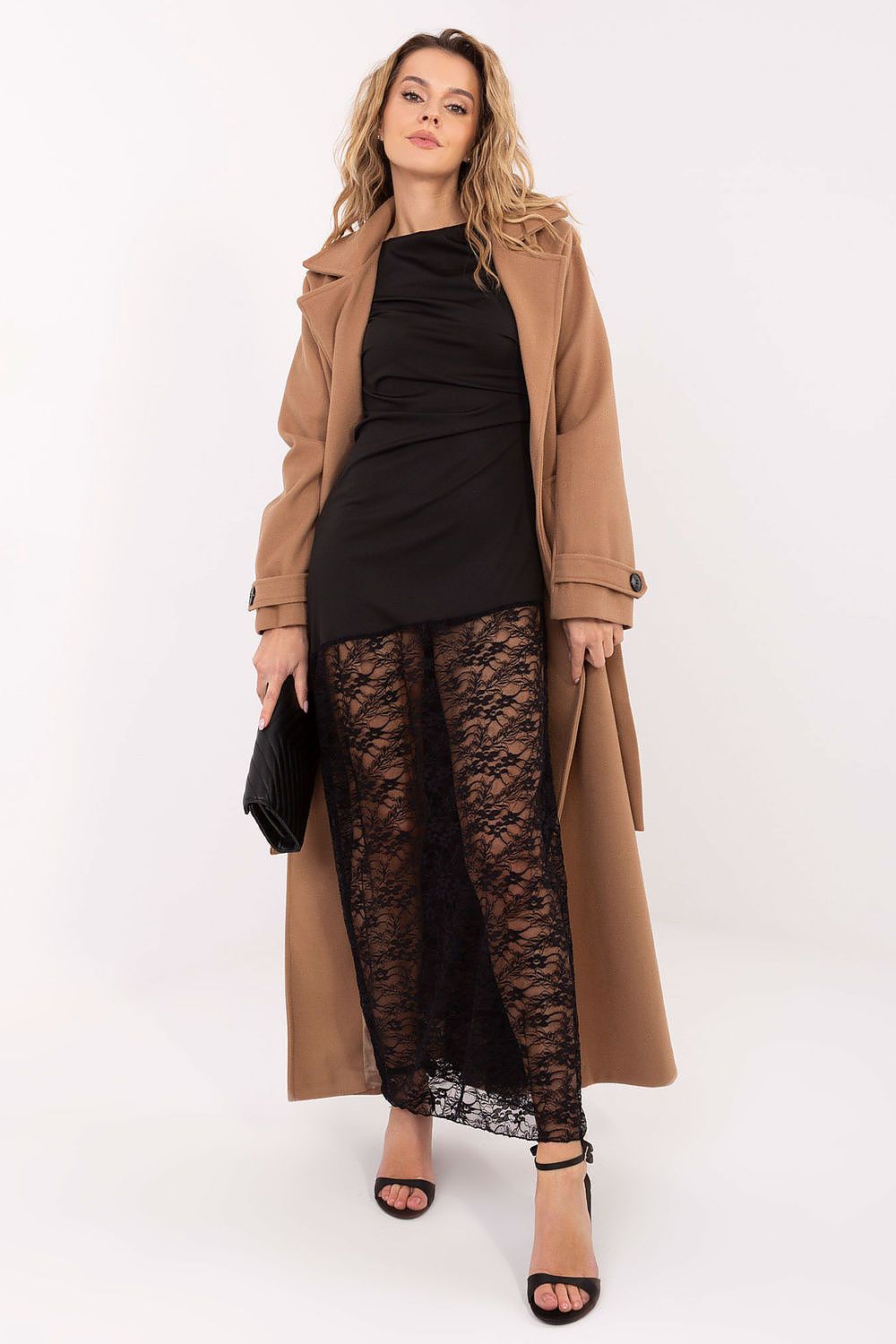  Model wearing the dress with long sleeves and boat neckline. 