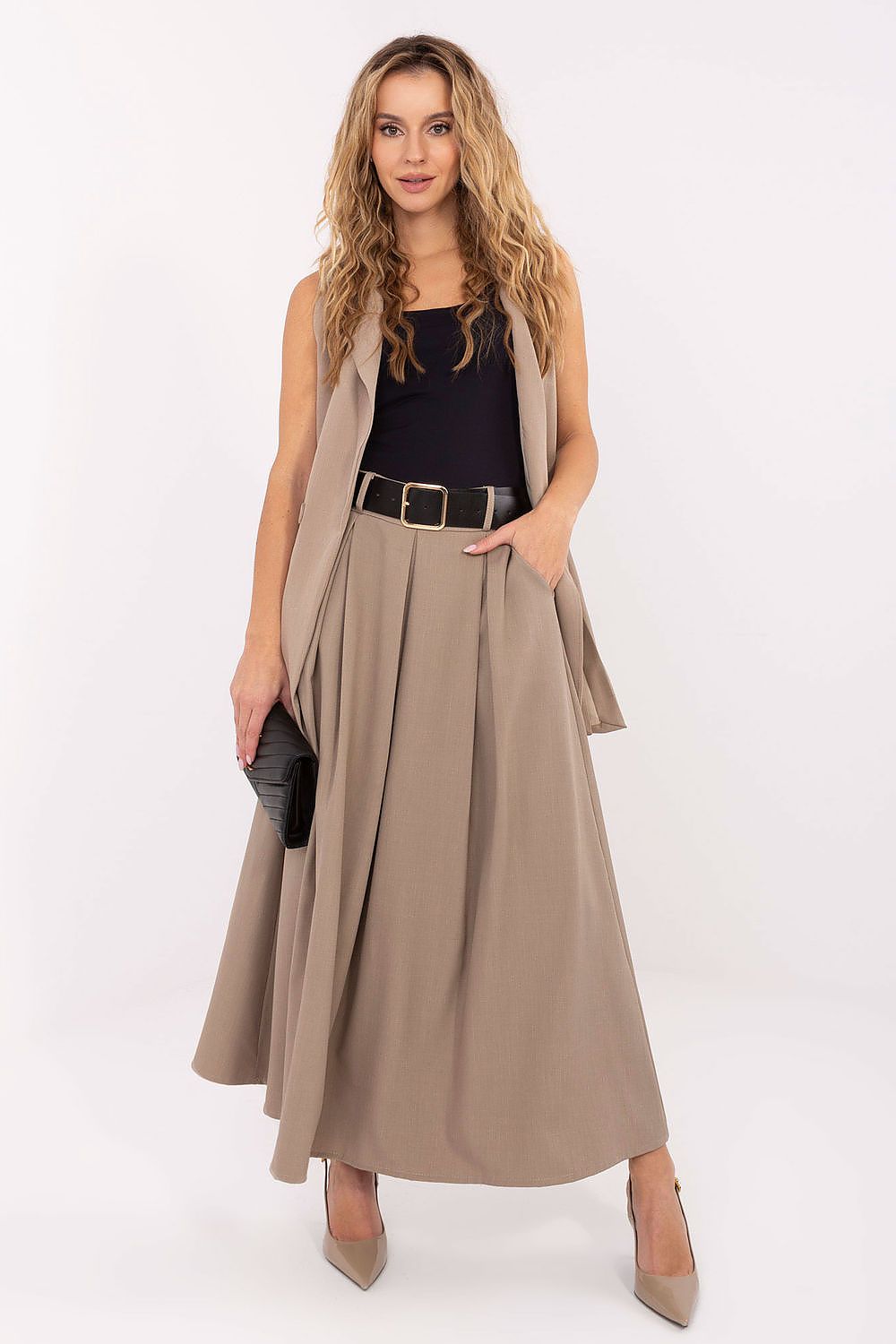  Front view of flared maxi skirt with belt and godets.