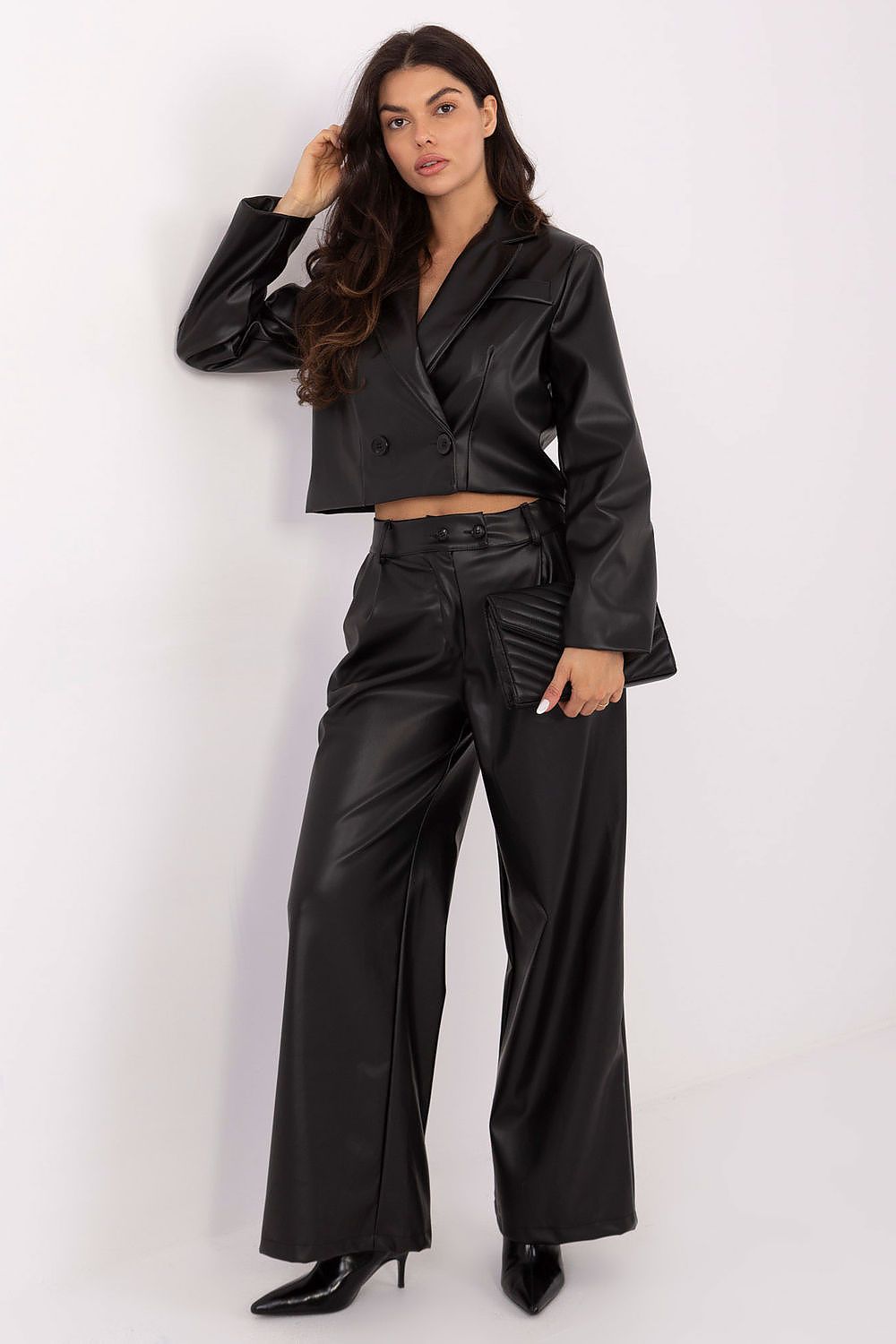  Front view of casual women's eco leather blazer.