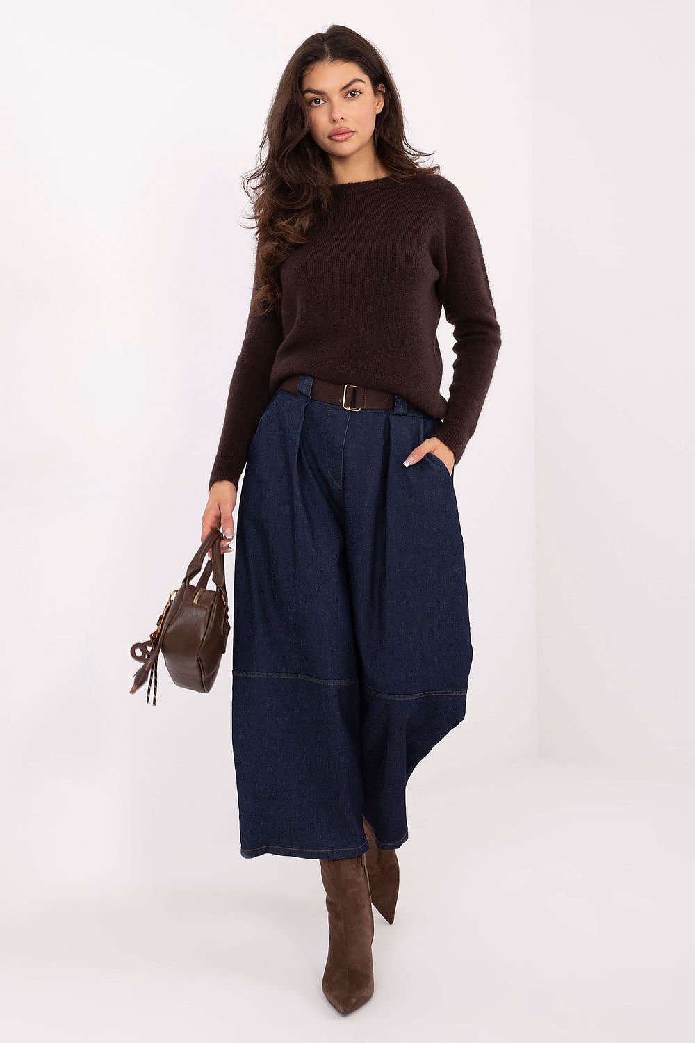  Women's high-waist culotte jeans with belt
