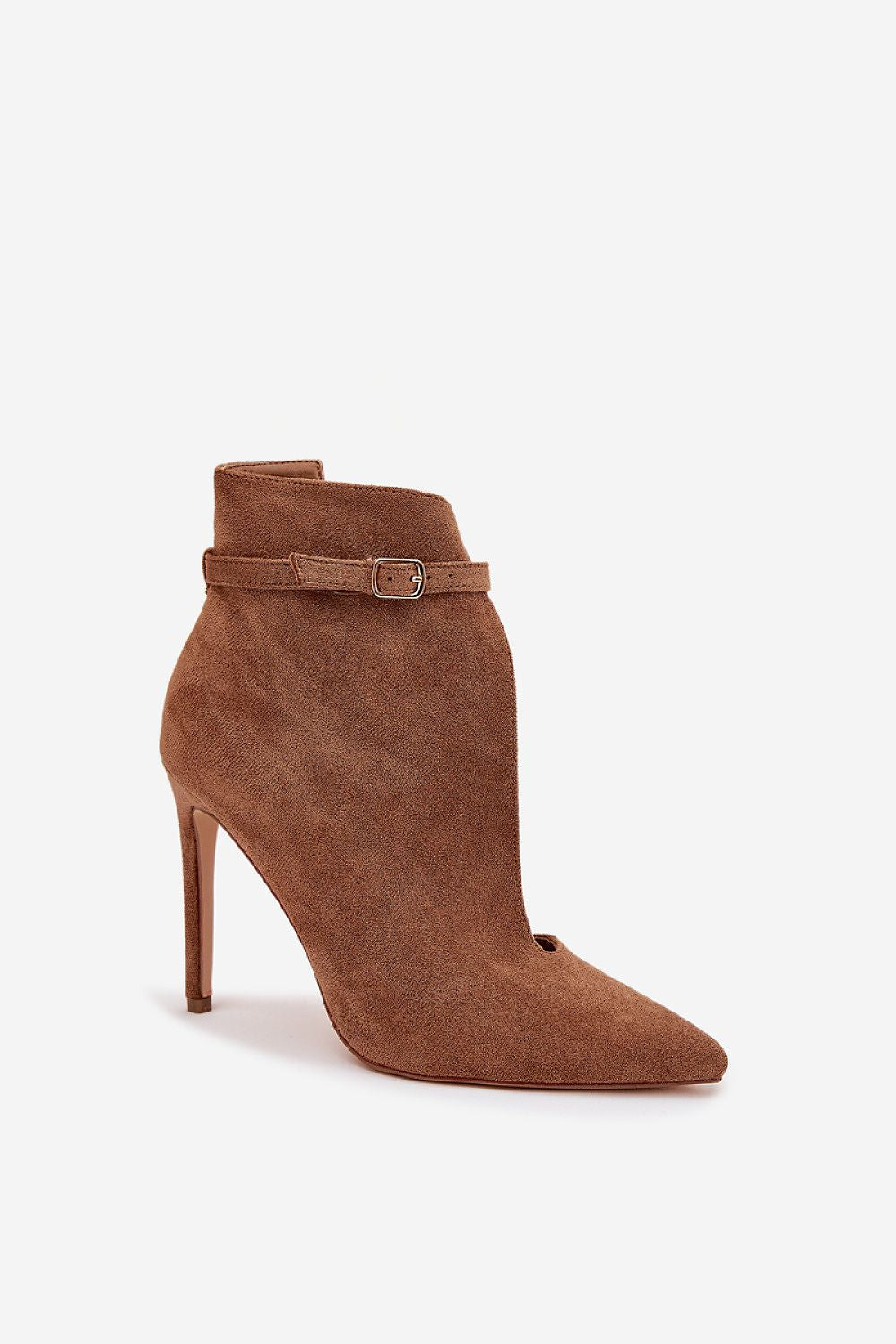 Brown suede high-heeled ankle boot on a white background